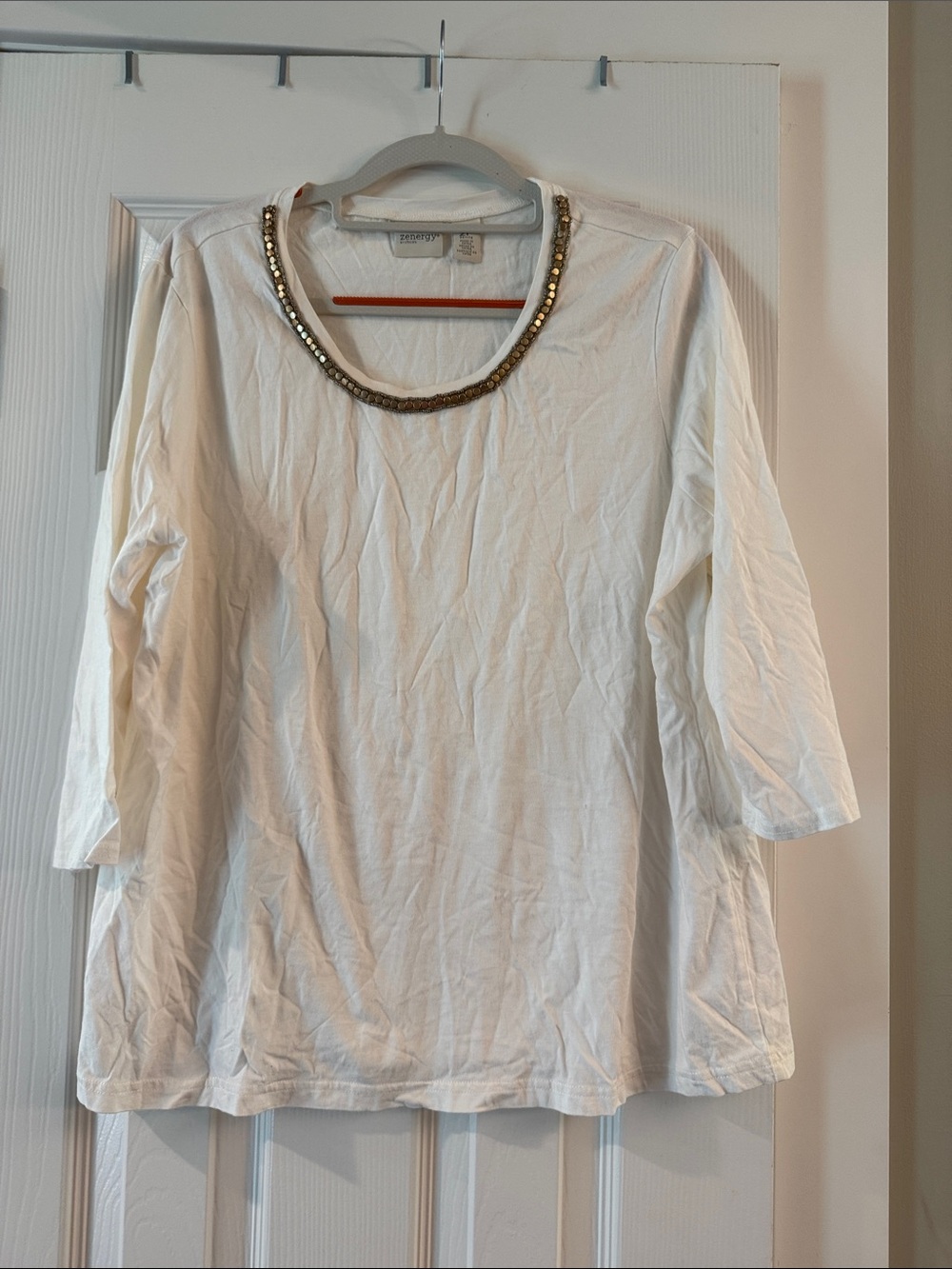 Chico's White 3/4-Sleeve Tee with Gold-Beaded Trim